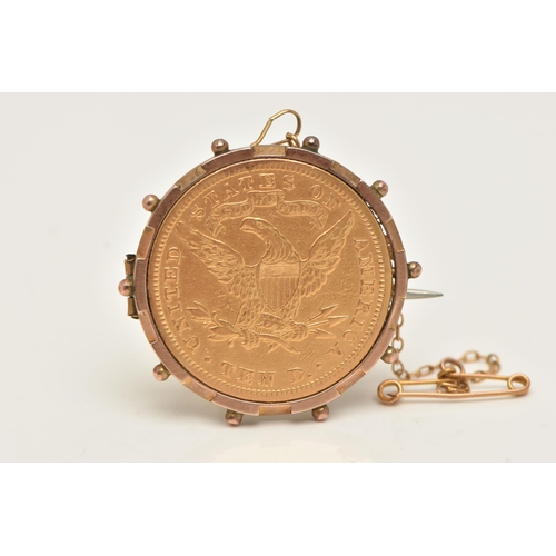 13 - A MOUNTED TEN DOLLAR 1881 COIN, mounted in yellow metal with beaded detail, fitted with a base metal... 