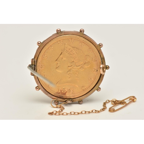 13 - A MOUNTED TEN DOLLAR 1881 COIN, mounted in yellow metal with beaded detail, fitted with a base metal... 