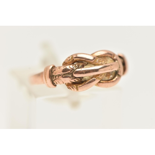 19 - AN EARLY 20TH CENTURY 9CT GOLD RING, designed as a lovers knot, hallmarked 9ct Birmingham 1903, ring... 