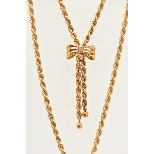 28 - A 9CT GOLD CHAIN, rope twist chain with bow and tassel detail, fitted with a lobster clasp, hallmark... 