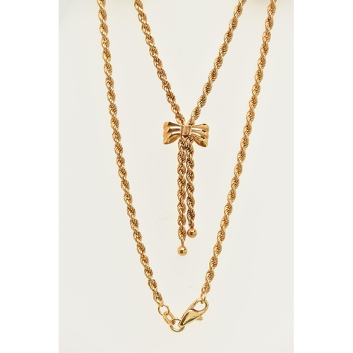 28 - A 9CT GOLD CHAIN, rope twist chain with bow and tassel detail, fitted with a lobster clasp, hallmark... 