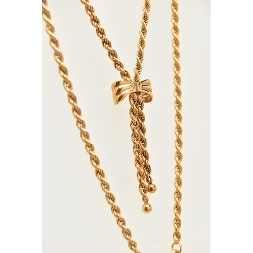 28 - A 9CT GOLD CHAIN, rope twist chain with bow and tassel detail, fitted with a lobster clasp, hallmark... 