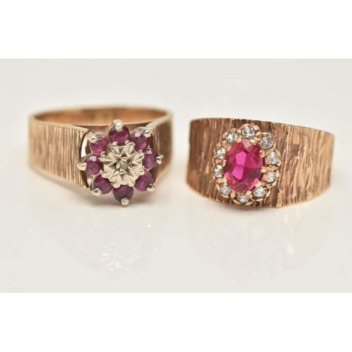 35 - TWO 9CT GOLD GEM SET RINGS, the first an oval cut synthetic ruby and colourless cubic zirconia clust... 