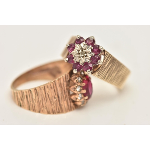 35 - TWO 9CT GOLD GEM SET RINGS, the first an oval cut synthetic ruby and colourless cubic zirconia clust... 