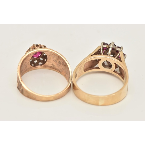 35 - TWO 9CT GOLD GEM SET RINGS, the first an oval cut synthetic ruby and colourless cubic zirconia clust... 