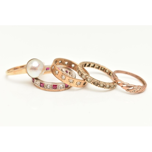 37 - FIVE RINGS AND A RING BOX, to include a yellow metal split pearl ring, stamped 9ct, ring size K, a s... 