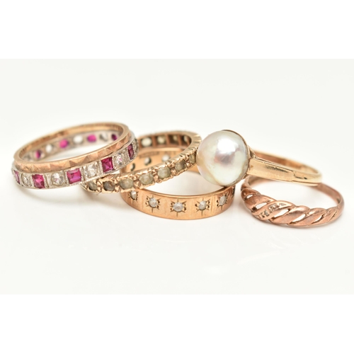 37 - FIVE RINGS AND A RING BOX, to include a yellow metal split pearl ring, stamped 9ct, ring size K, a s... 