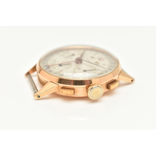 39 - A LEONIDAS WRISTWATCH IN YELLOW METAL, the circular silver dial with rose tone hourly applied marker... 