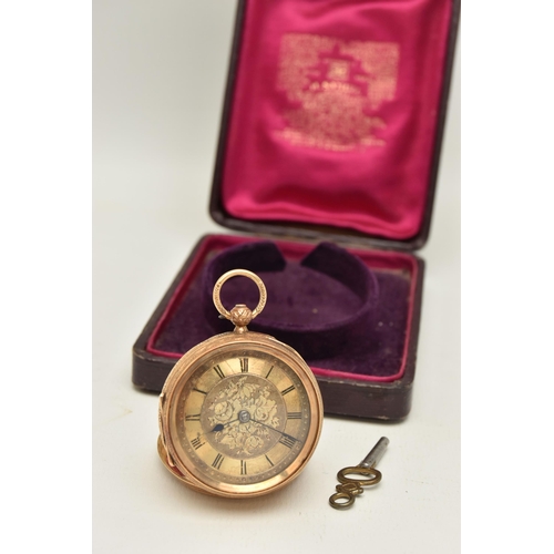 4 - A LATE VICTORIAN 18CT GOLD OPEN FACE POCKET WATCH, key wound movement, round gilt dial with floral d... 