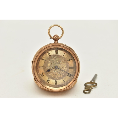 4 - A LATE VICTORIAN 18CT GOLD OPEN FACE POCKET WATCH, key wound movement, round gilt dial with floral d... 