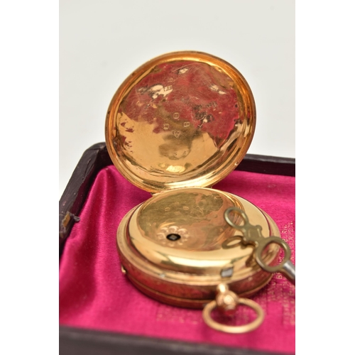 4 - A LATE VICTORIAN 18CT GOLD OPEN FACE POCKET WATCH, key wound movement, round gilt dial with floral d... 