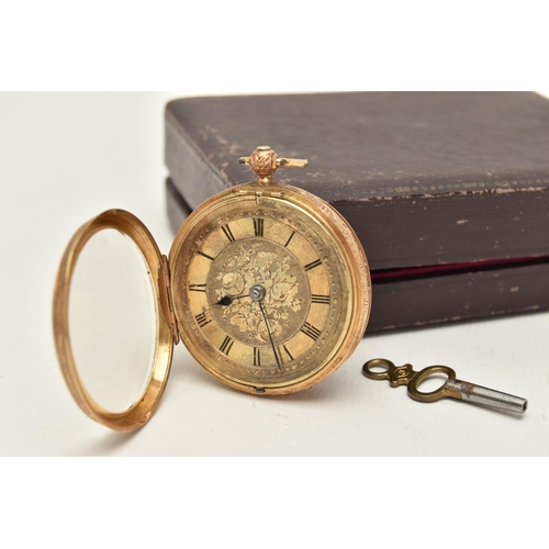 4 - A LATE VICTORIAN 18CT GOLD OPEN FACE POCKET WATCH, key wound movement, round gilt dial with floral d... 