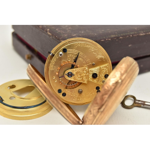 4 - A LATE VICTORIAN 18CT GOLD OPEN FACE POCKET WATCH, key wound movement, round gilt dial with floral d... 