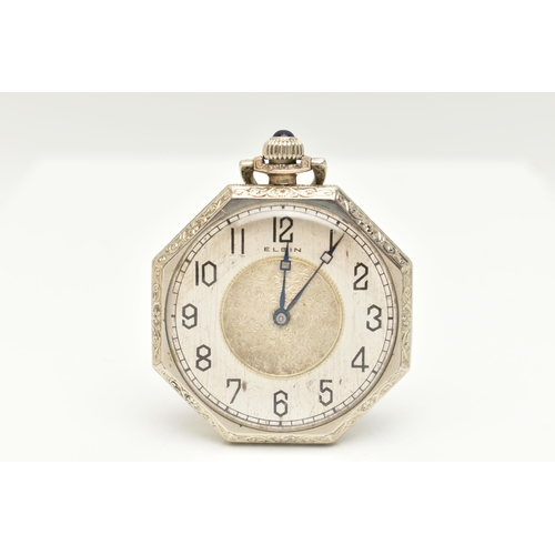 40 - AN OPEN FACE ELGIN POCKET WATCH, octagonal outline with black Arabic numerals, engine turned and bla... 