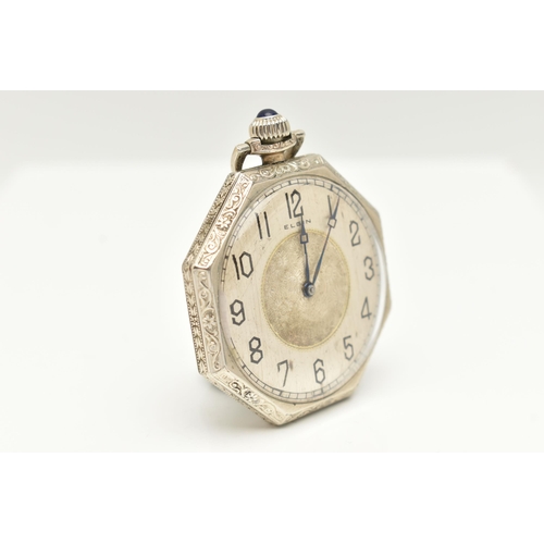 40 - AN OPEN FACE ELGIN POCKET WATCH, octagonal outline with black Arabic numerals, engine turned and bla... 