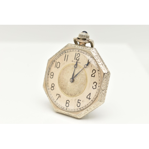 40 - AN OPEN FACE ELGIN POCKET WATCH, octagonal outline with black Arabic numerals, engine turned and bla... 