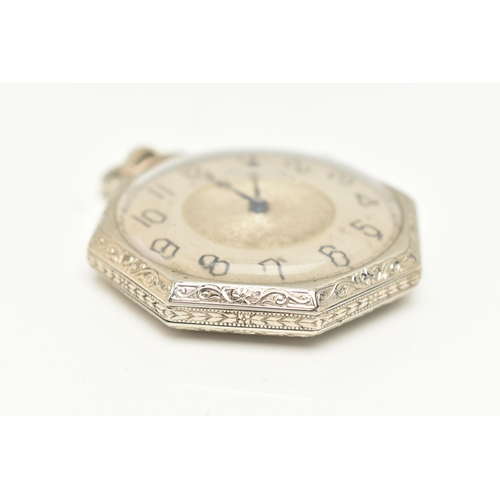 40 - AN OPEN FACE ELGIN POCKET WATCH, octagonal outline with black Arabic numerals, engine turned and bla... 