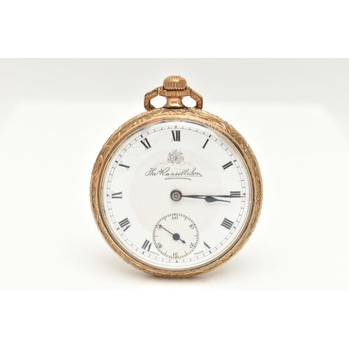 41 - THOMAS RUSSELL & SON OPEN FACE GOLD PLATED POCKET WATCH, the white face with black Roman numerals, s... 