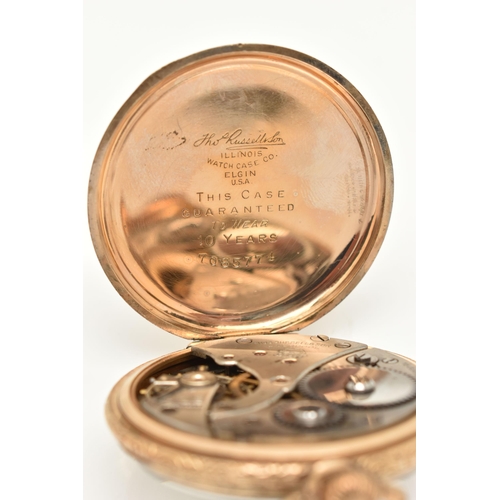 41 - THOMAS RUSSELL & SON OPEN FACE GOLD PLATED POCKET WATCH, the white face with black Roman numerals, s... 