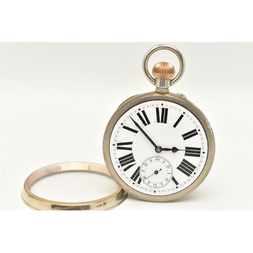 42 - AN OPEN FACE POCKET WATCH, the white face with black Roman numerals and subsidiary seconds dial, inn... 