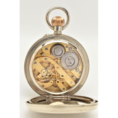 42 - AN OPEN FACE POCKET WATCH, the white face with black Roman numerals and subsidiary seconds dial, inn... 