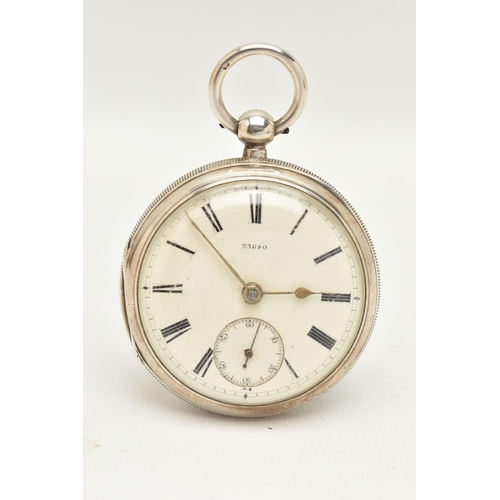 43 - A LATE VICTORIAN SILVER OPEN FACE POCKET WATCH, the white face with black Roman numerals and subsidi... 