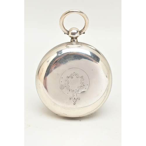 43 - A LATE VICTORIAN SILVER OPEN FACE POCKET WATCH, the white face with black Roman numerals and subsidi... 