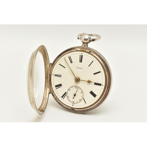 43 - A LATE VICTORIAN SILVER OPEN FACE POCKET WATCH, the white face with black Roman numerals and subsidi... 