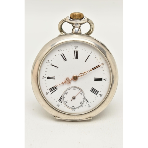 44 - A SWISS SILVER OPEN FACE POCKET WATCH, the white face with black Roman numerals, subsidiary seconds ... 