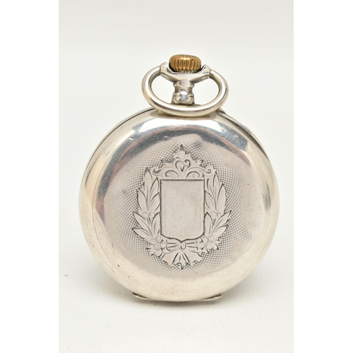 44 - A SWISS SILVER OPEN FACE POCKET WATCH, the white face with black Roman numerals, subsidiary seconds ... 