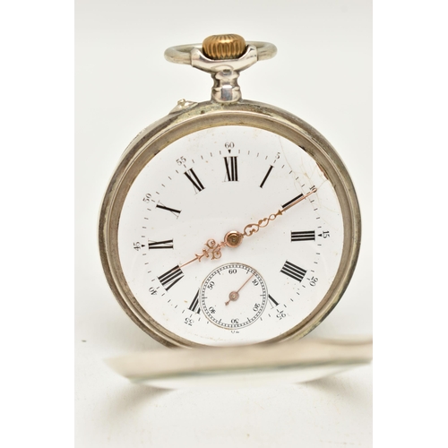 44 - A SWISS SILVER OPEN FACE POCKET WATCH, the white face with black Roman numerals, subsidiary seconds ... 