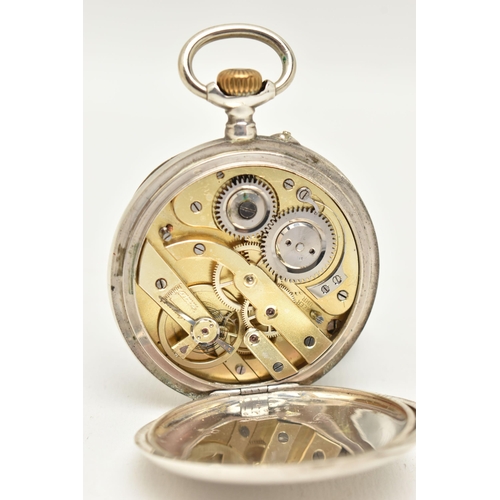 44 - A SWISS SILVER OPEN FACE POCKET WATCH, the white face with black Roman numerals, subsidiary seconds ... 