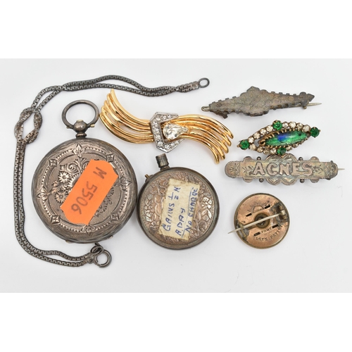 45 - A SMALL ASSORTMENT OF JEWELLERY AND POCKET WATCHES, to include two late Victorian silver brooches, b... 