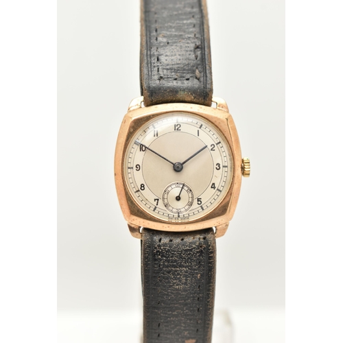 48 - A GENTS 9CT GOLD WRISTWATCH, manual wind, round silver Arabic numeral dial, subsidiary dial at the s... 