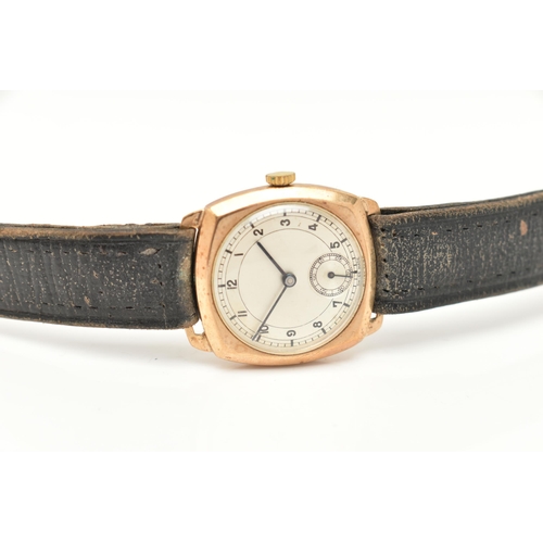 48 - A GENTS 9CT GOLD WRISTWATCH, manual wind, round silver Arabic numeral dial, subsidiary dial at the s... 