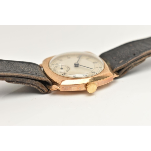 48 - A GENTS 9CT GOLD WRISTWATCH, manual wind, round silver Arabic numeral dial, subsidiary dial at the s... 