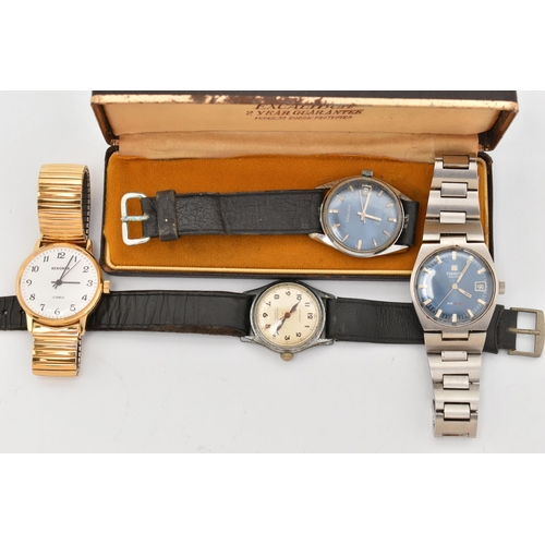 49 - FOUR GENTS WRISTWATCHES, to include a 'Tissot, PR 5/6' manual wind watch, round blue dial with baton... 