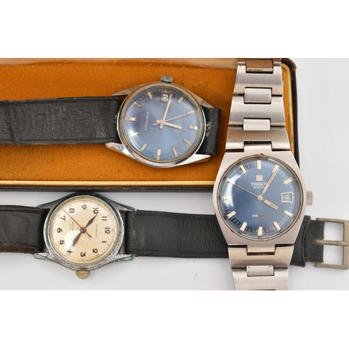 49 - FOUR GENTS WRISTWATCHES, to include a 'Tissot, PR 5/6' manual wind watch, round blue dial with baton... 