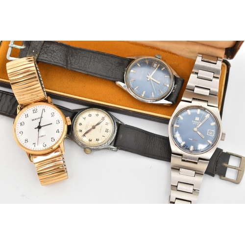 49 - FOUR GENTS WRISTWATCHES, to include a 'Tissot, PR 5/6' manual wind watch, round blue dial with baton... 