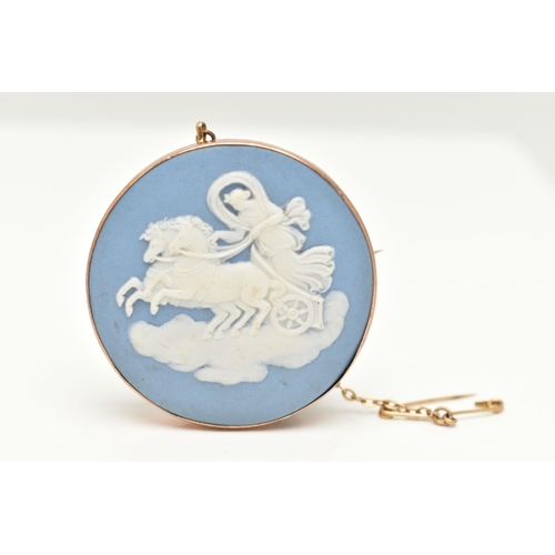 51 - A ROSE METAL WEDGWOOD CAMEO BROOCH, of a circular form, with a blue and white cameo inlay signed to ... 