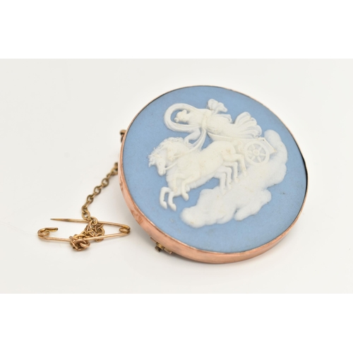 51 - A ROSE METAL WEDGWOOD CAMEO BROOCH, of a circular form, with a blue and white cameo inlay signed to ... 