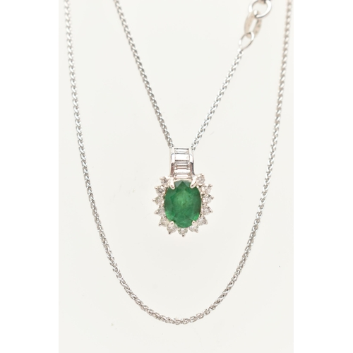 55 - A WHITE METAL EMERALD AND DIAMOND PENDANT WITH AND 18CT WHITE GOLD CHAIN, the oval cluster pendant s... 