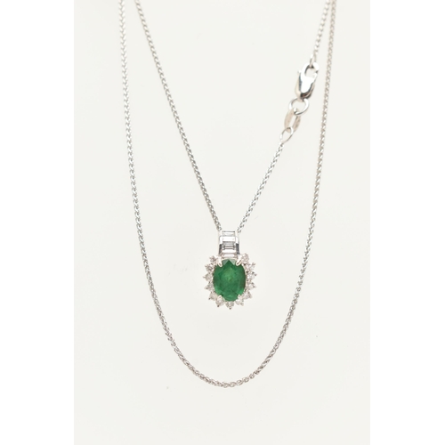 55 - A WHITE METAL EMERALD AND DIAMOND PENDANT WITH AND 18CT WHITE GOLD CHAIN, the oval cluster pendant s... 