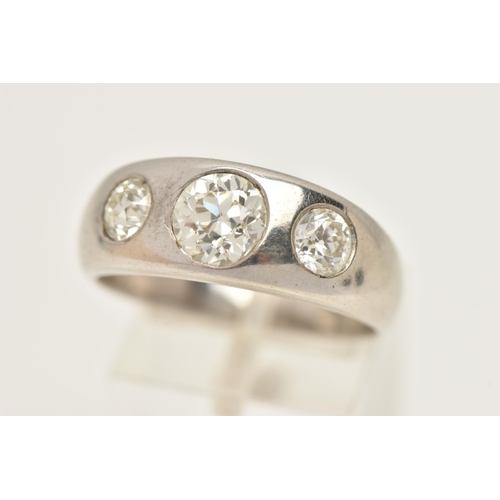 7 - A WHITE METAL THREE STONE DIAMOND RING, three old cut diamonds, estimated total diamond weight 1.90c... 