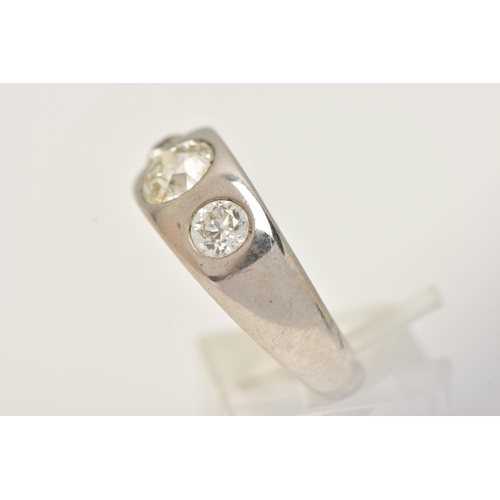 7 - A WHITE METAL THREE STONE DIAMOND RING, three old cut diamonds, estimated total diamond weight 1.90c... 