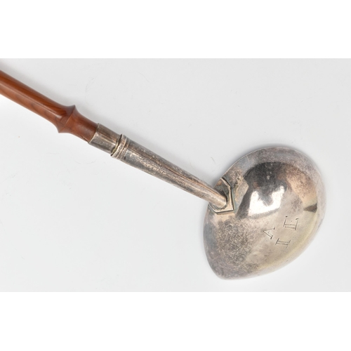 71 - A GEORGE II SILVER TODDY LADLE, polished silver bowl, hallmarked London 1741, rubbed makers mark, en... 