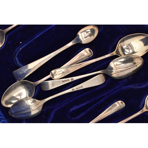 73 - A CASED SET OF EDWARDIAN SILVER TEASPOONS, including twelve rat tail teaspoons, with engraved initia... 