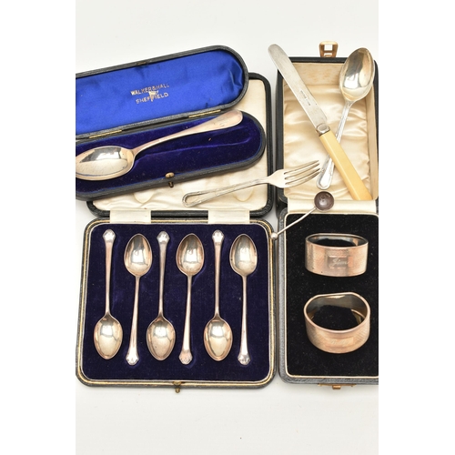 75 - ASSORTED SILVER ITEMS, to include a cased set of two silver napkin rings, hallmarks for Birmingham, ... 