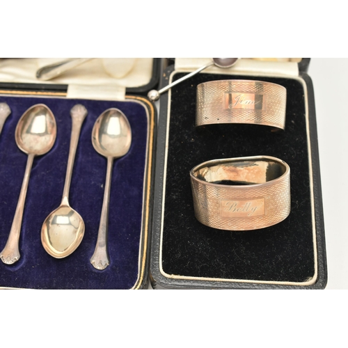 75 - ASSORTED SILVER ITEMS, to include a cased set of two silver napkin rings, hallmarks for Birmingham, ... 