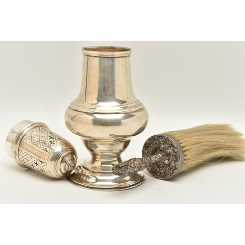 77 - A VICTORIAN SILVER SUGAR CASTER AND CRUMB BRUSH,  plain form with acorn finial and quatrefoil pierce... 